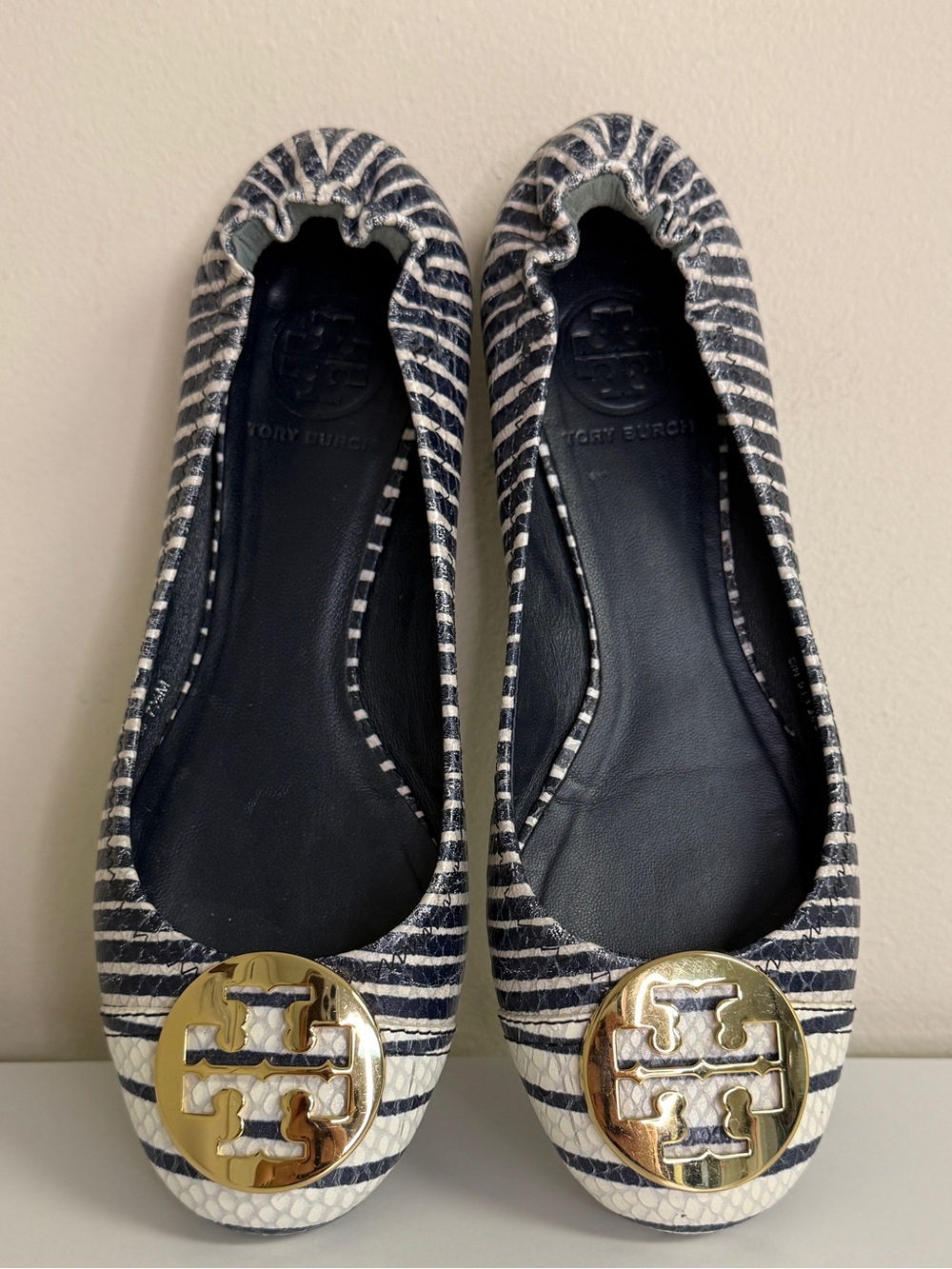Tory Burch: Minnie Travel Ballet Flats - Stripe Snakeskin Leather, Size 7.5M